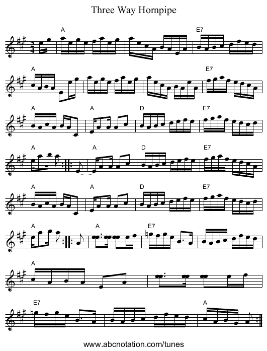 Three Way Hornpipe - staff notation