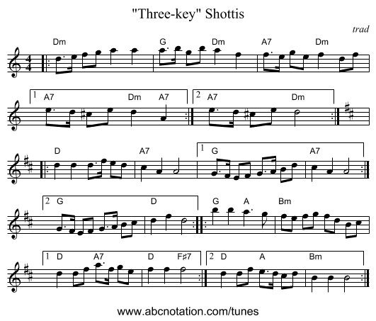 Three-key Shottis - staff notation