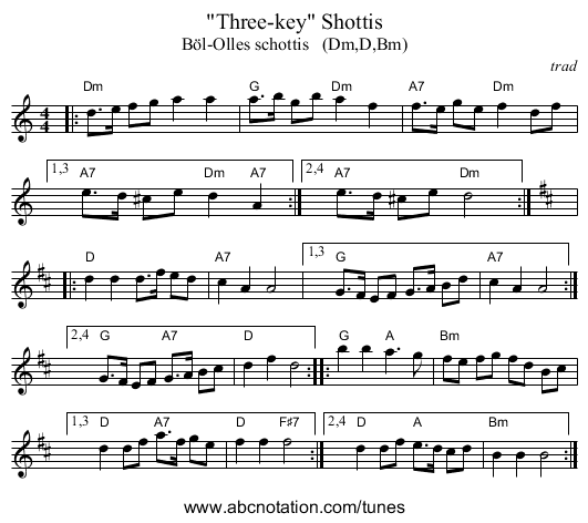 Three-key Shottis - staff notation