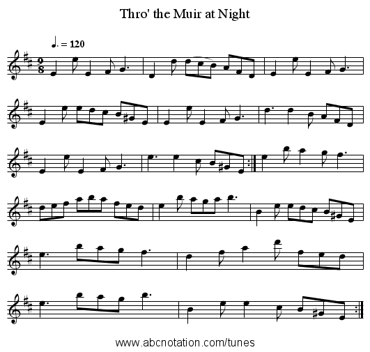 Thro' the Muir at Night - staff notation