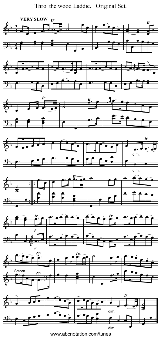 Thro' the wood Laddie. Original Set. - staff notation