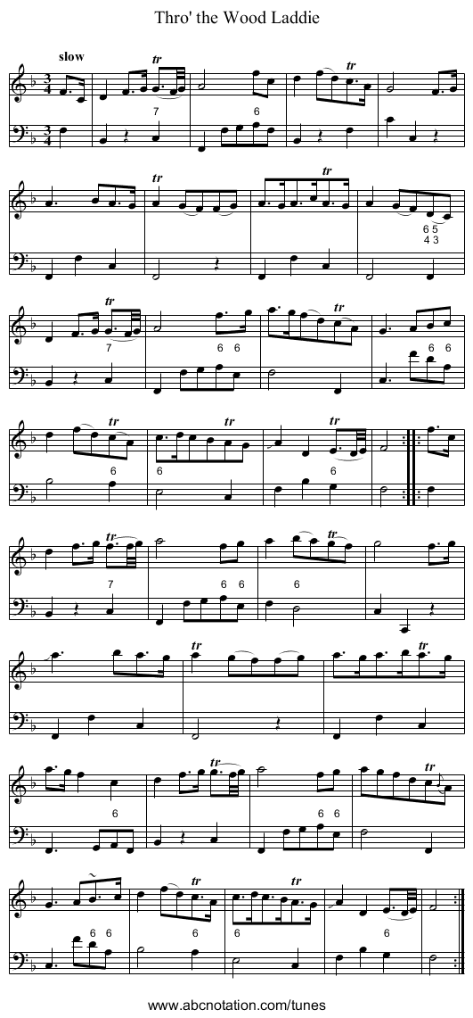 Thro' the Wood Laddie - staff notation