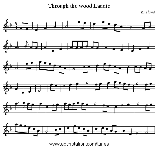 Through the wood Laddie - staff notation