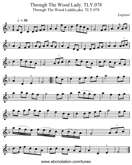 Through The Wood Lady. TLY.078 - staff notation