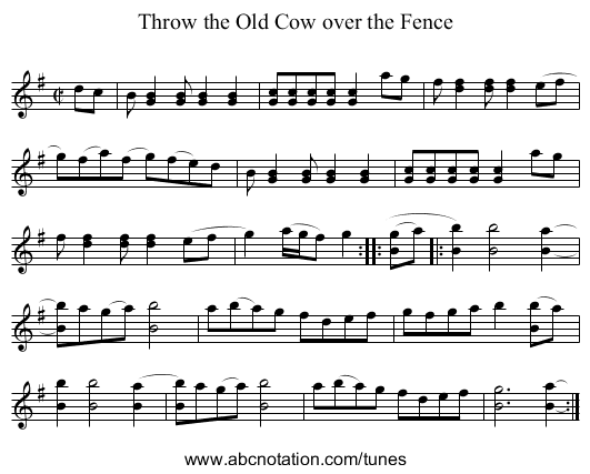 Throw the Old Cow over the Fence - staff notation