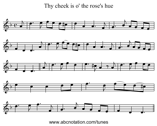 Thy cheek is o' the rose's hue - staff notation