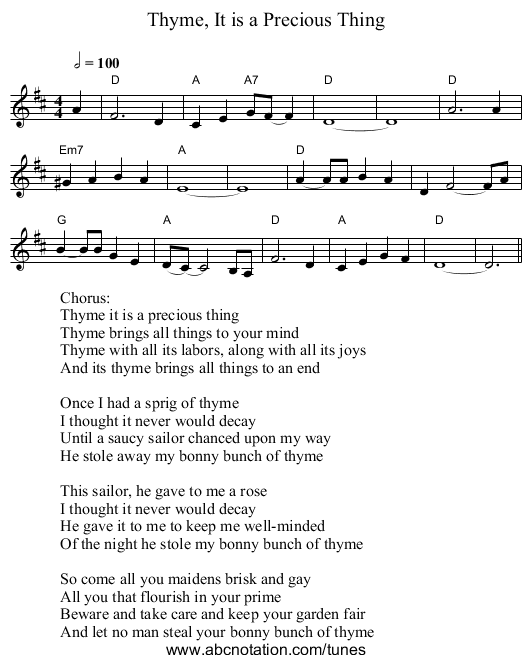 Thyme, It is a Precious Thing - staff notation