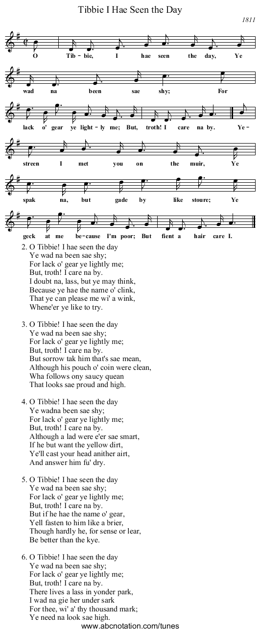 Tibbie I Hae Seen the Day - staff notation