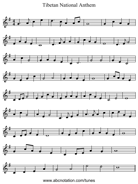 Tibetan National Anthem - staff notation