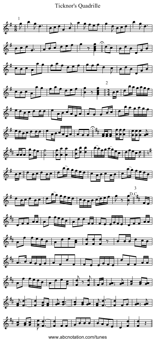 Ticknor's Quadrille - staff notation