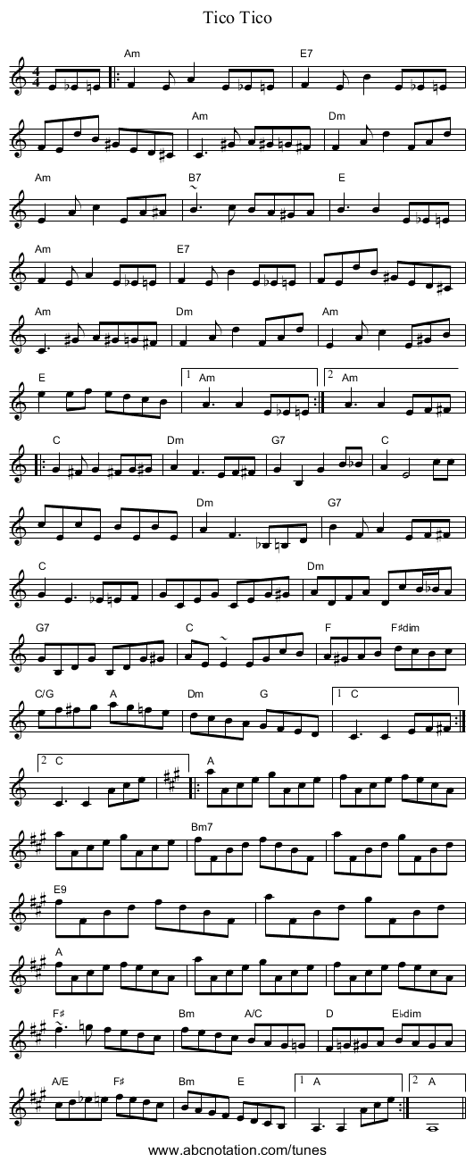 Tico Tico - staff notation