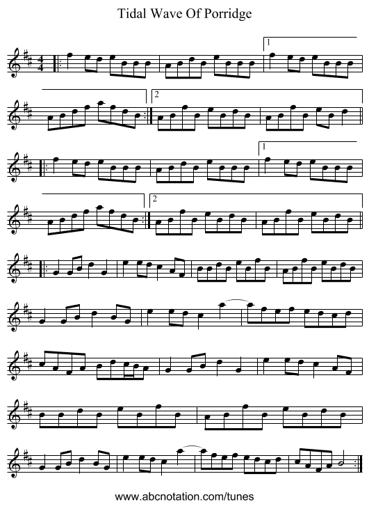 Tidal Wave Of Porridge - staff notation