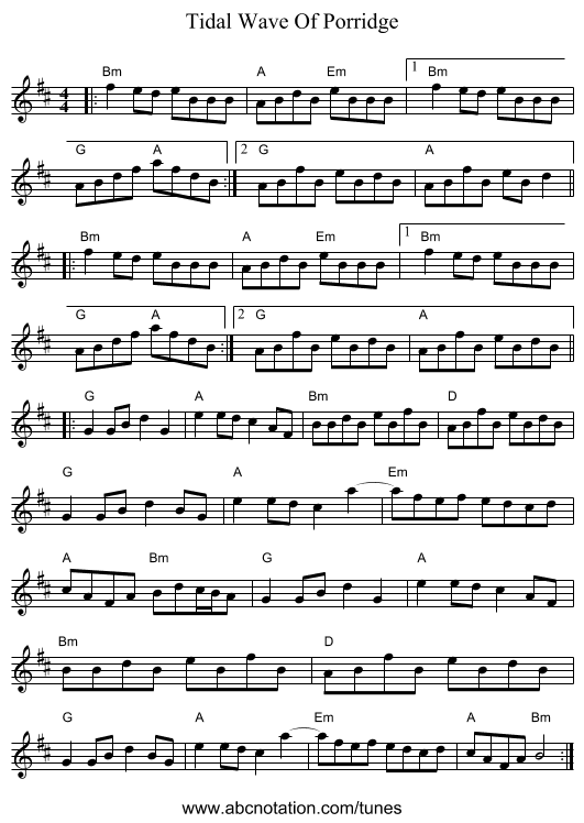 Tidal Wave Of Porridge - staff notation