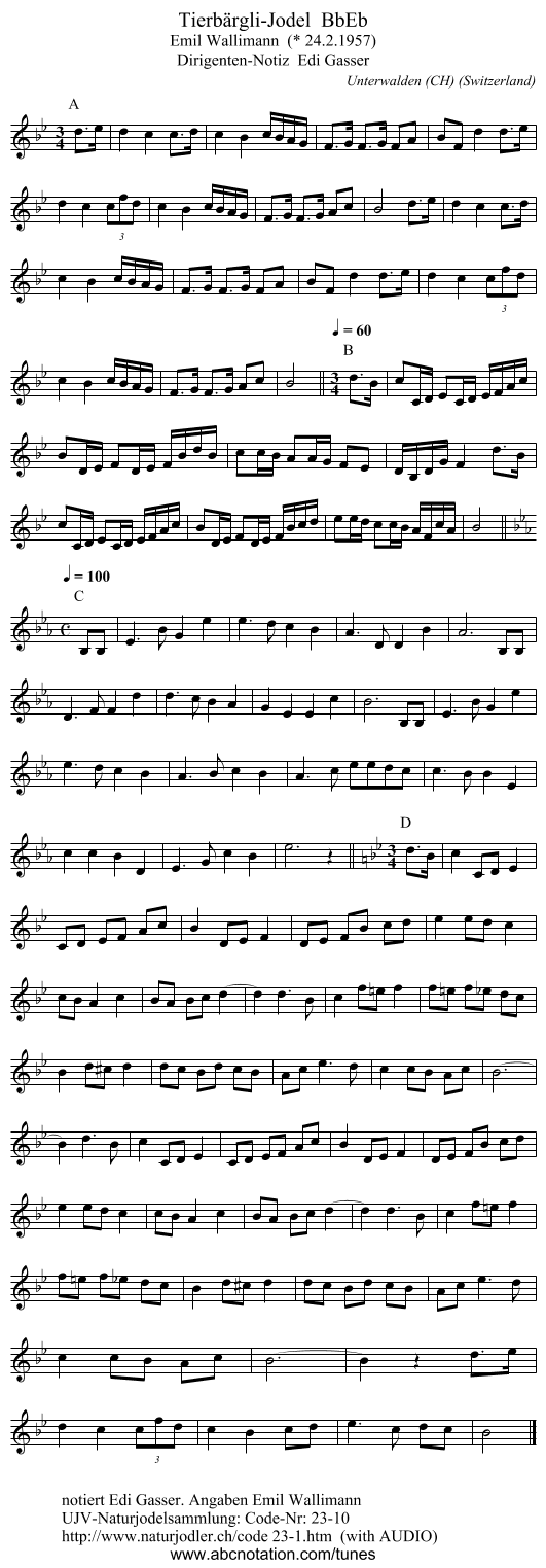 Tierbärgli-Jodel  BbEb - staff notation