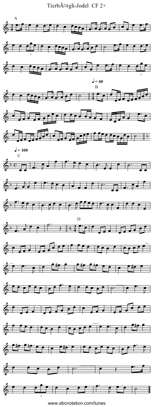 TierbÃ¤rgli-Jodel  CF 2+ - staff notation