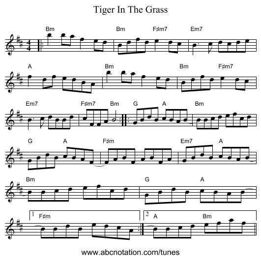 Tiger In The Grass - staff notation