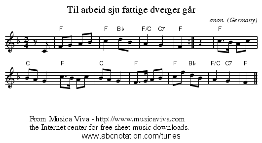 Til arbeid sju fattige dverger g&aring;r - staff notation