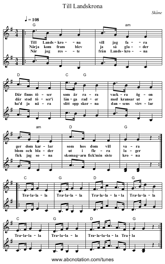 Till Landskrona - staff notation