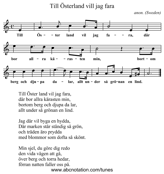 Till &Ouml;sterland vill jag fara - staff notation