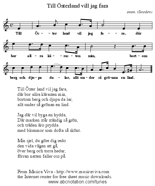 Till &Ouml;sterland vill jag fara - staff notation