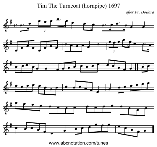 Tim The Turncoat (hornpipe) 1697 - staff notation