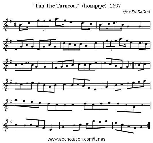 Tim The Turncoat (hornpipe) 1697 - staff notation