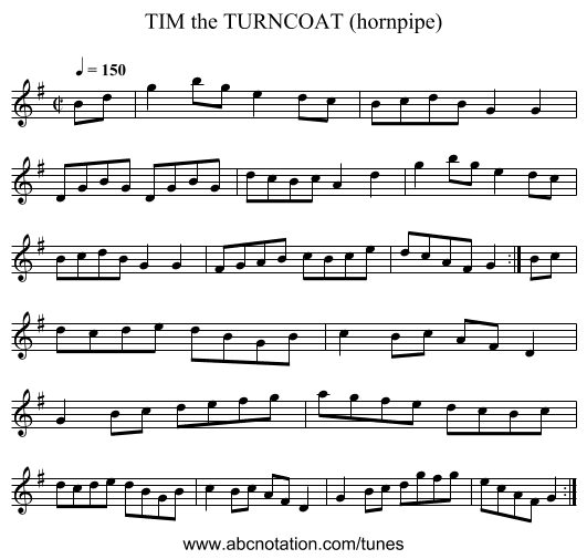 TIM the TURNCOAT (hornpipe) - staff notation