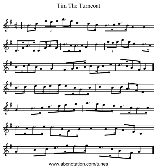 Tim The Turncoat - staff notation