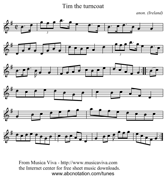 Tim the turncoat - staff notation