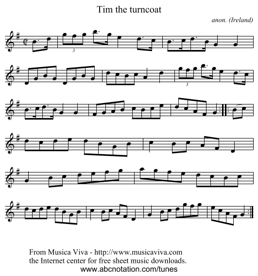 Tim the turncoat - staff notation