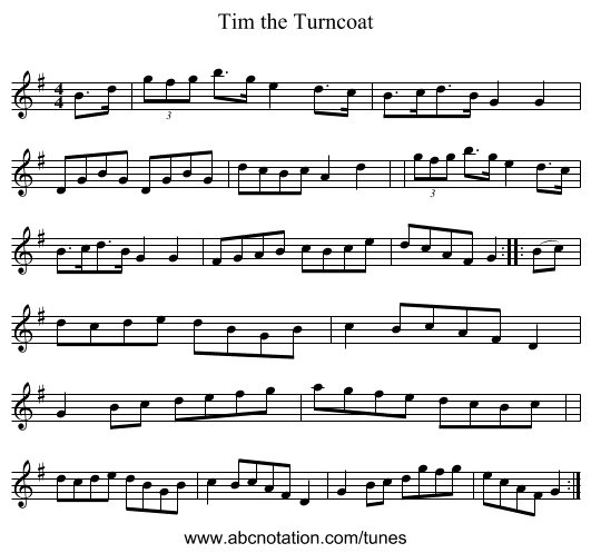 Tim the Turncoat - staff notation