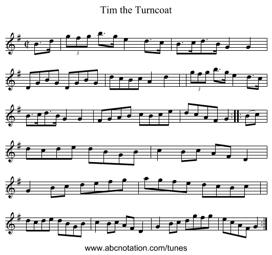 Tim the Turncoat - staff notation