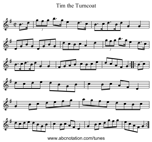 Tim the Turncoat - staff notation