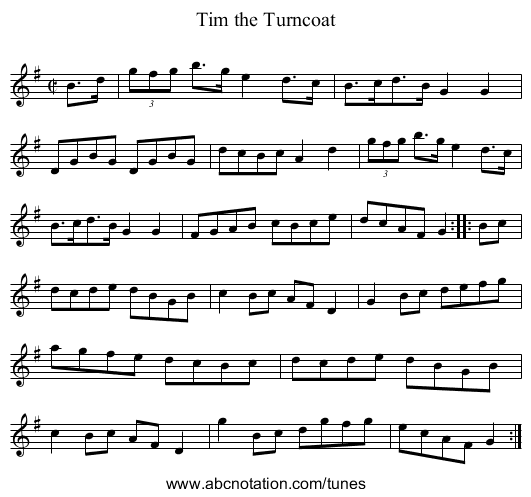 Tim the Turncoat - staff notation
