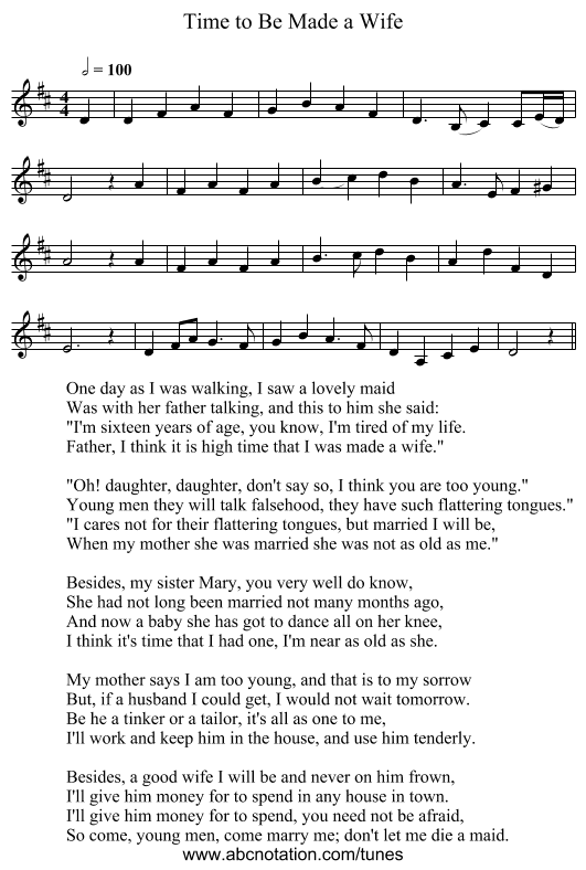 Time to Be Made a Wife - staff notation