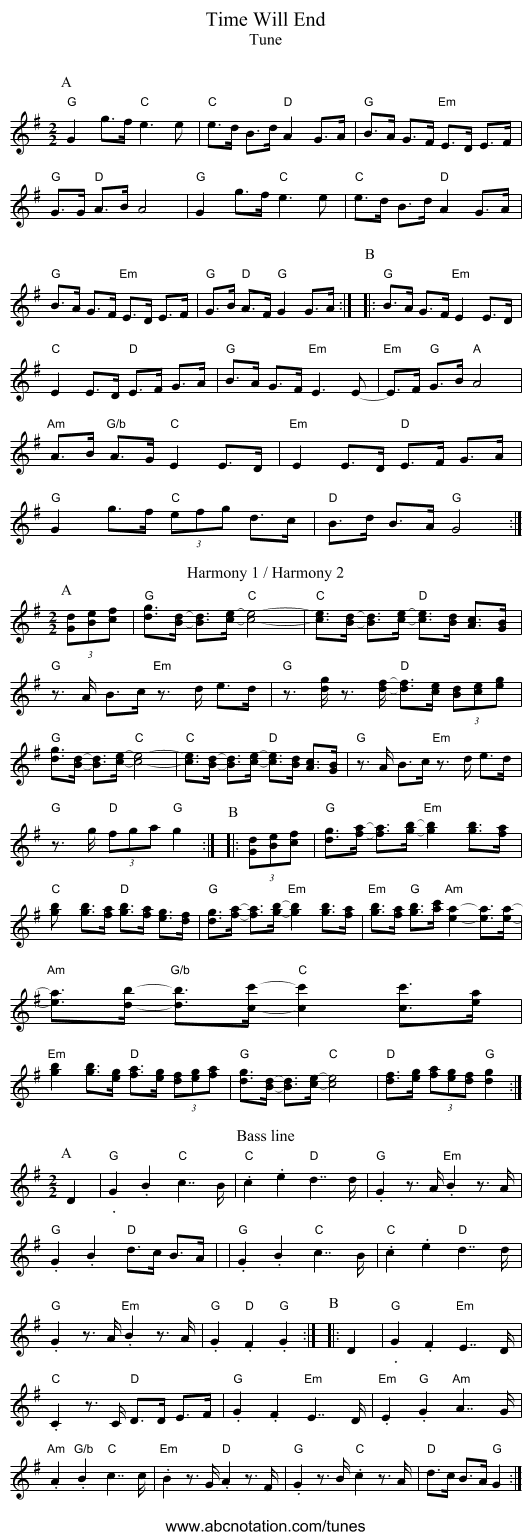Time Will End - staff notation