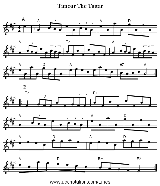 Timour The Tartar - staff notation