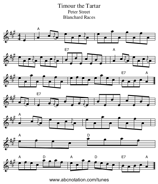 Timour the Tartar - staff notation