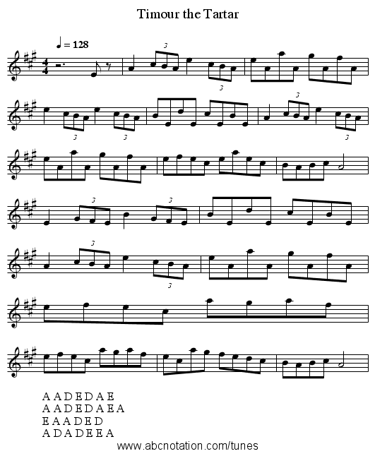Timour the Tartar - staff notation
