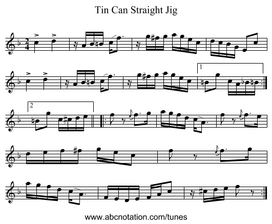 Tin Can Straight Jig - staff notation