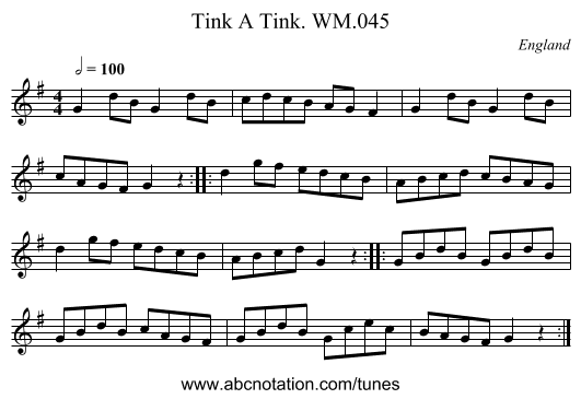Tink A Tink. WM.045 - staff notation