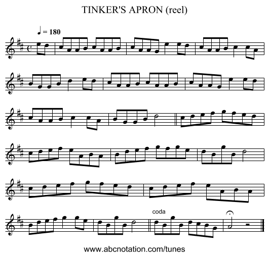 TINKER'S APRON (reel) - staff notation