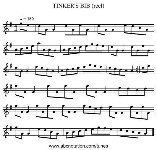 TINKER'S BIB (reel) - staff notation