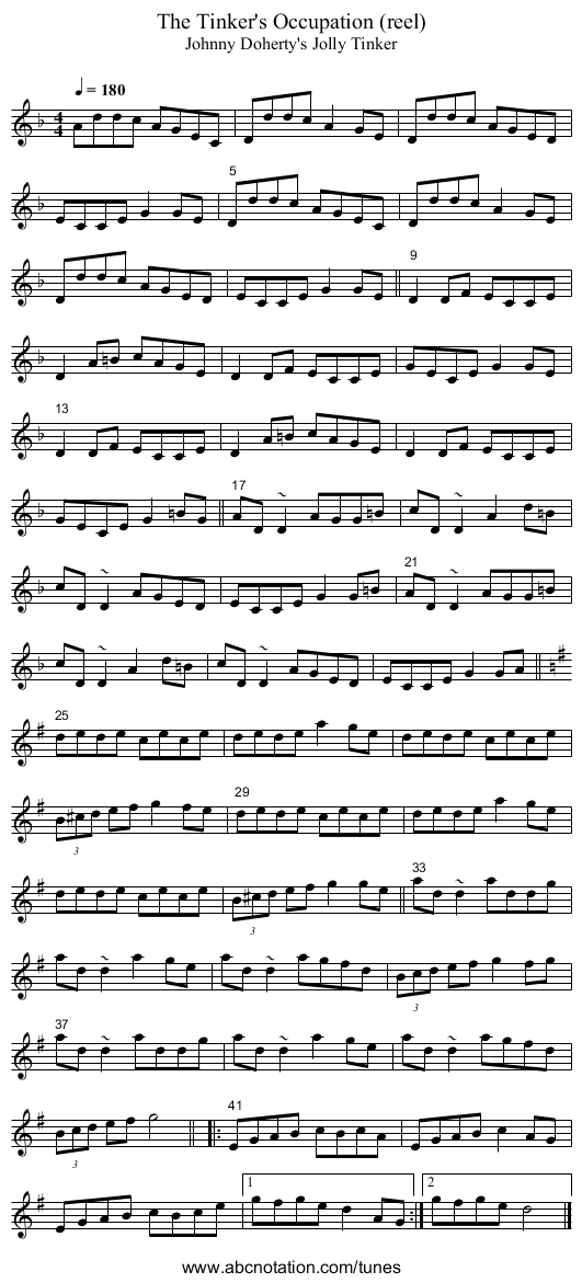 Tinker's Occupation (reel), The - staff notation