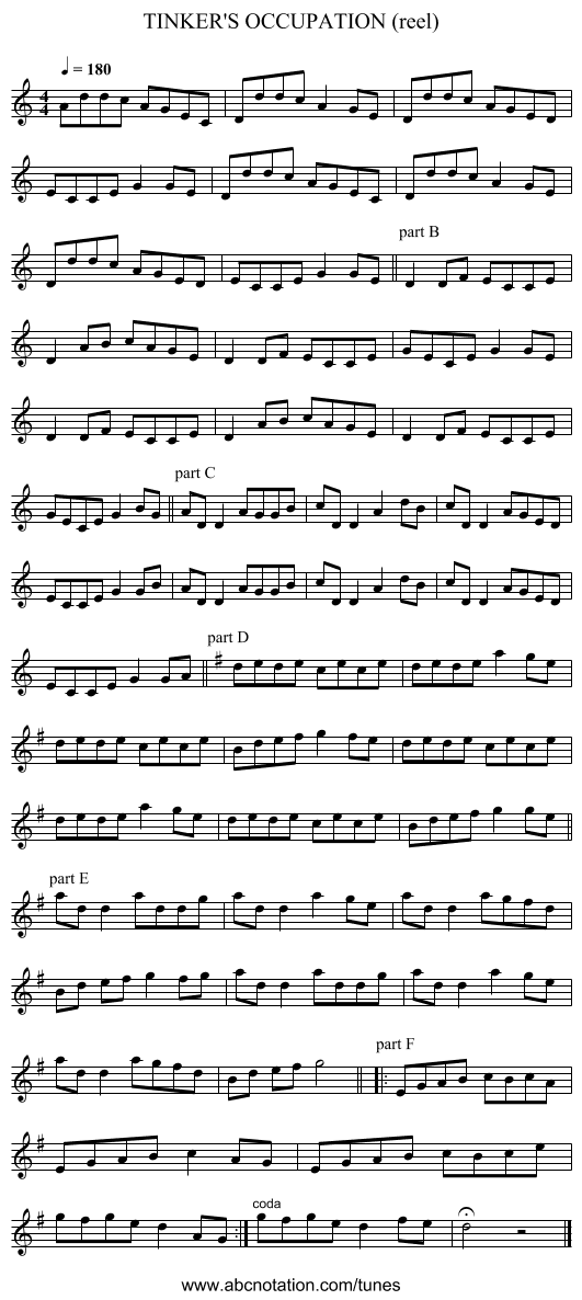 TINKER'S OCCUPATION (reel) - staff notation