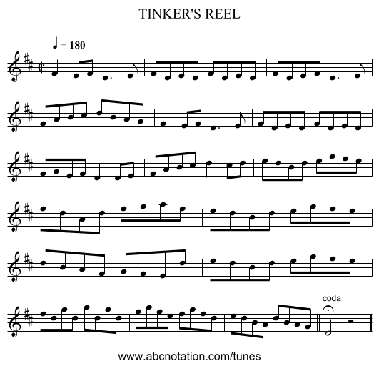 TINKER'S REEL - staff notation