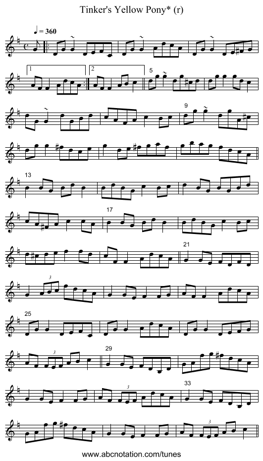 Tinker's Yellow Pony* (r) - staff notation