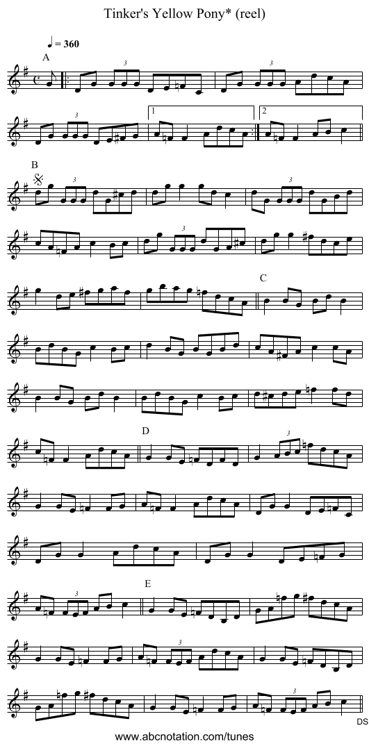 Tinker's Yellow Pony* (reel) - staff notation
