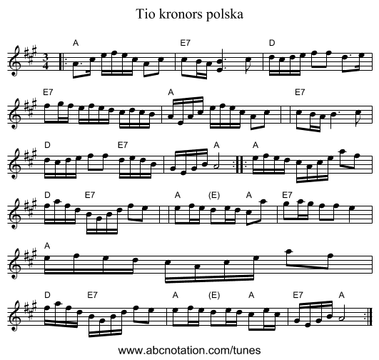 Tio kronors polska - staff notation