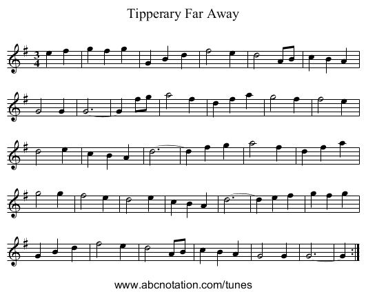 Tipperary Far Away - staff notation